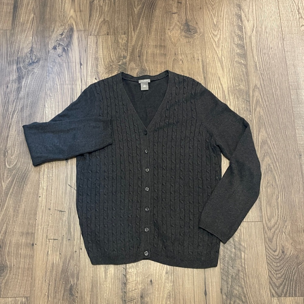 Ann Taylor Petites Gray Cable Knit V-Neck Button Cardigan Sweater Size LP